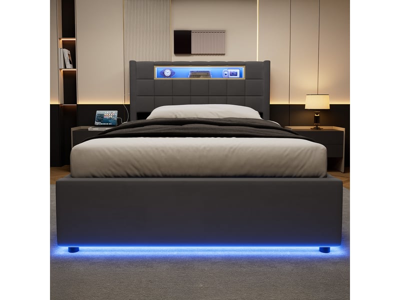  Lit coffre led 90 × 200 cm 1 place avec rangement hydraulique, usb et type-c, sans matelas, gris foncé  - Conforama E