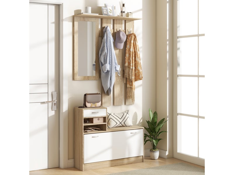  Porte-manteau 3 en 1 avec étagère à chaussures et miroir, crochets et tiroirs, en bois, 90 x 10 x 91 cm, blanc et chêne  - Conforama C