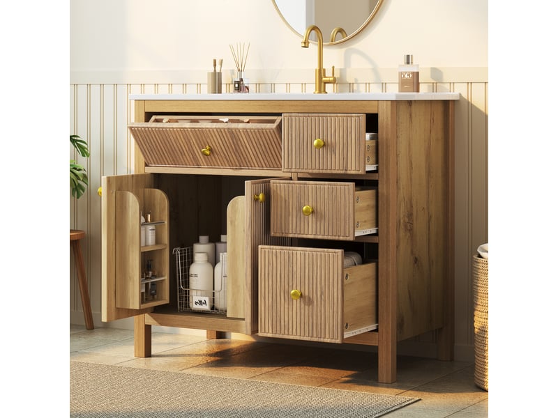  Meuble de salle de bain 91 cm avec vasque céramique, façade ondulée, bois naturel, soft-close  - Conforama D