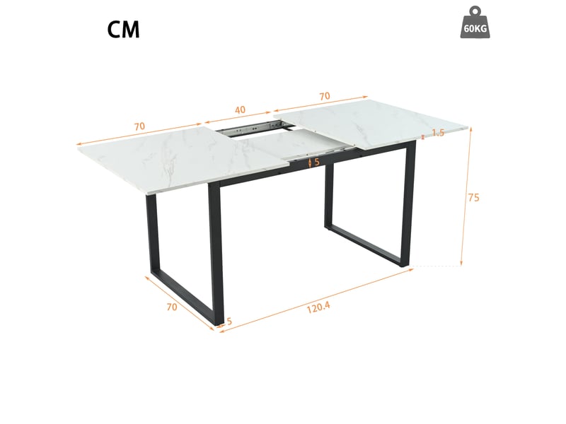 Table de salle à manger extensible, 140-180x80x75 cm, motif marbre pour la, plateau mdf, piètement métal, coloris blanc - Conforama C