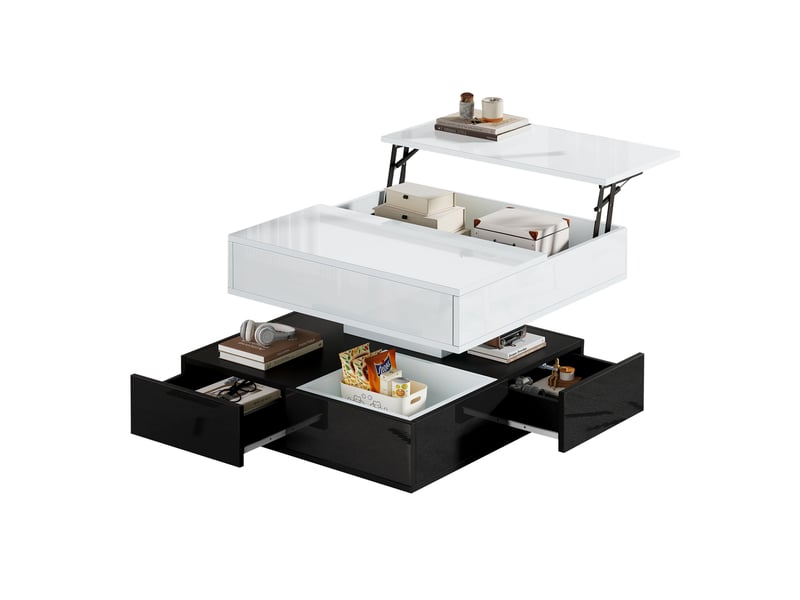  Table basse relevable 70x70x40-55 cm, 3 tiroirs, plateau pivotant 360°, blanc et noir ABC - Conforama A