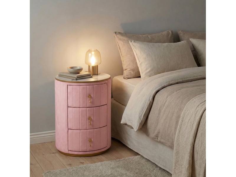  Table de chevet 3 tiroirs avec plateau effet marbre et finitions dorées pour chambre et salon en velours rose  - Conforama B