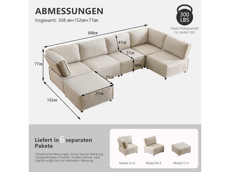 Canapé d’angle modulaire 6 places configurable - lpospi - assises à ressorts, bois, tissu beige 308 × 152 × 77 cm - Conforama D