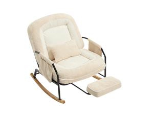 Fauteuil à bascule beige en fausse fourrure avec repose-pieds coulissant et dossier réglable 100 à 160°