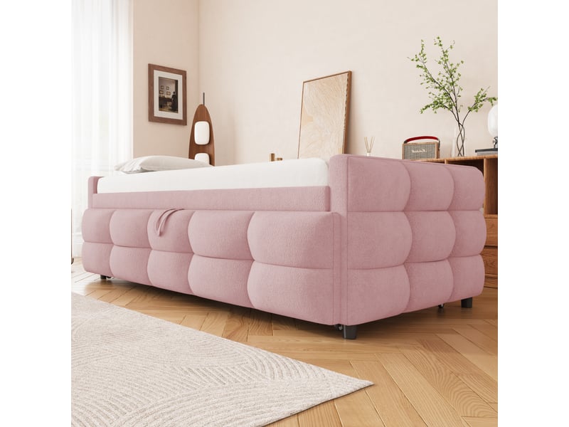  Canapé-lit extensible 90180*190cm, lit capitonné, pouf, tissu teddy, coloris rose, livré sans matelas.  - Conforama D