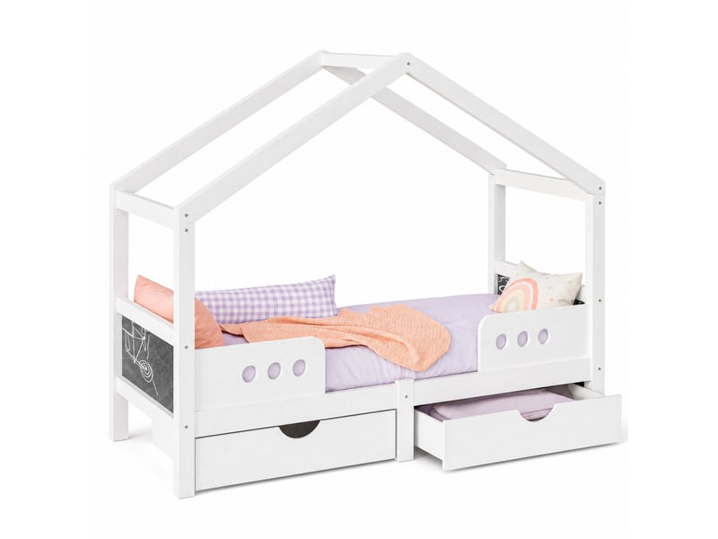  Lit enfant 90x200 cm avec toit et 2 tiroirs bois et mdf blanc sans matelas  - Conforama A