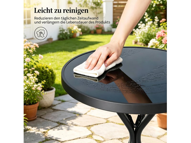 Salon de jardin pliant 3 pièces ø50x70 cm – noir – table en verre, 2 fauteuils pliants avec accoudoirs - Conforama E