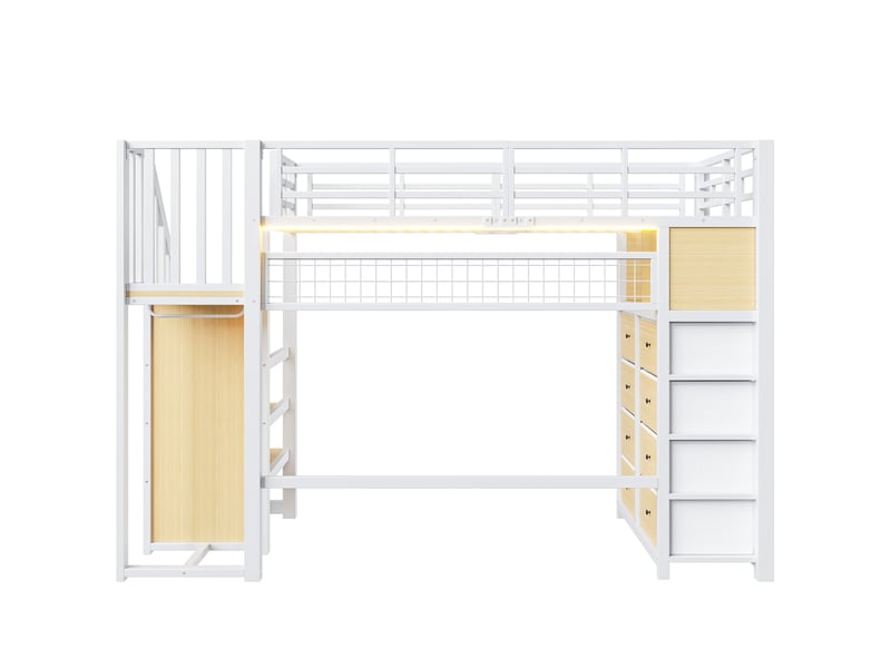 Lit mezzanine enfant 90x200 cm blanc en métal et mdf, 8 tiroirs, escalier de rangement et led - Conforama E
