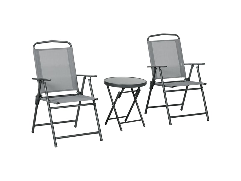  Ensemble de jardin 3 pièces comprenant 2 chaises (53,5 x 64 x 93 cm) et une table basse (ø 45 x 50 cm), en métal gris clair.  - Conforama B