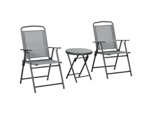 Ensemble de jardin 3 pièces comprenant 2 chaises (53,5 x 64 x 93 cm) et une table basse (ø 45 x 50 cm), en métal gris clair.