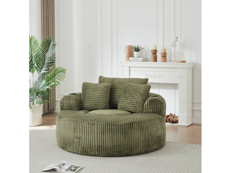 Canapé lounge rond 1 place 142.00×142.00×85.00 cm en velours côtelé avec porte-gobelets et poches latérales vert chicfurn - Conforama B