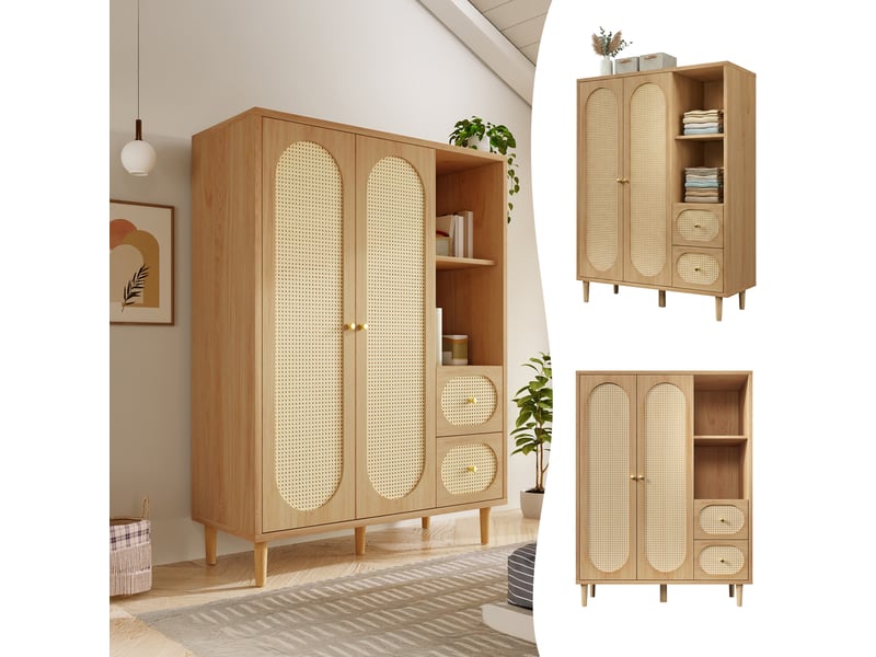  Armoire 120x48x161 cm coloris chêne avec 2 portes, 2 tiroirs et penderie  - Conforama E