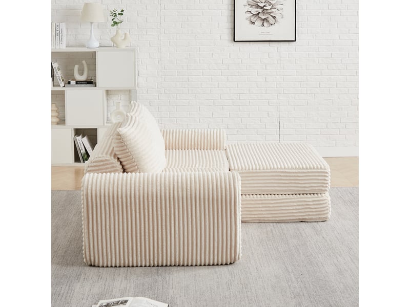  Canapé convertible 2-en-1 modulable en velours côtelé, avec 2 coussins, pouf amovible et accoudoirs incurvés - beige  - Conforama D