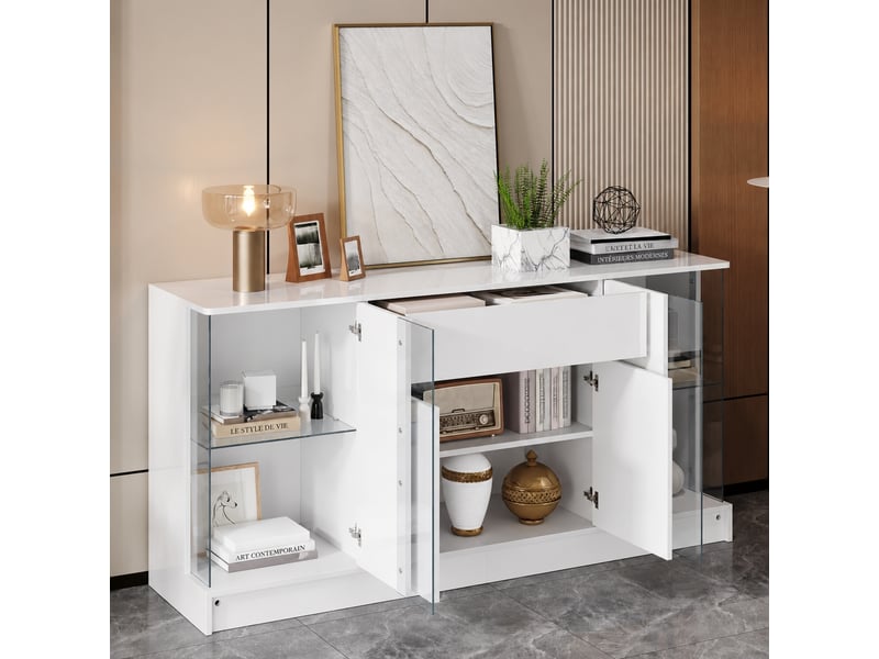  Buffet blanc avec deux vitrines en verre, éclairage led intégré, largeur 150 cm  - Conforama B