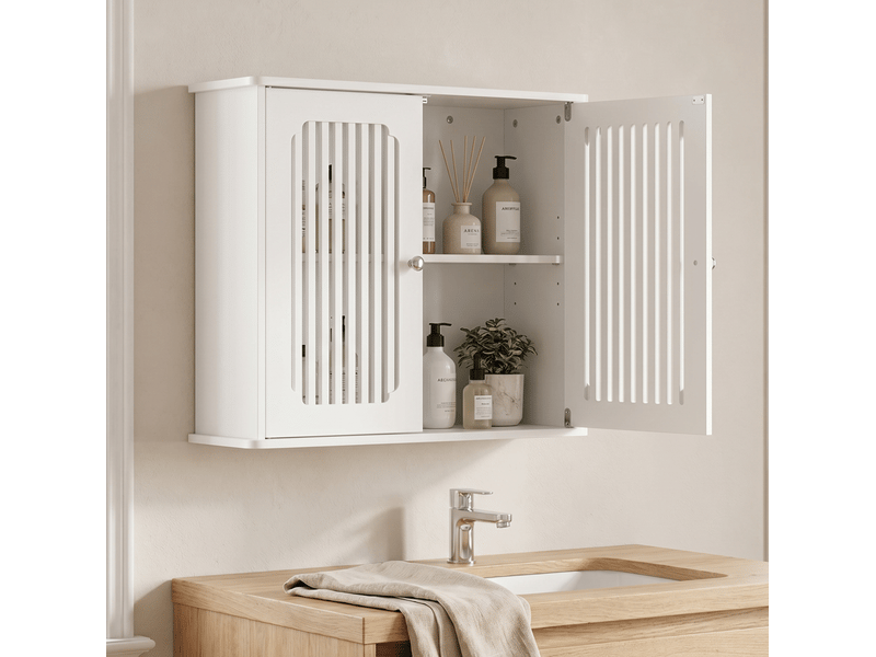  Armoire de salle de bain murale à 2 portes persiennées avec étagère, rangement pratique blanc en mdf, 60 × 20 × 52 cm  - Conforama B