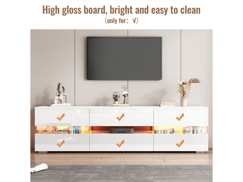  Meuble tv blanc brillant 160 cm avec éclairage led, 2 portes, tiroir et niche ouverte pour téléviseur jusqu’à 70 pouces  - Conforama W