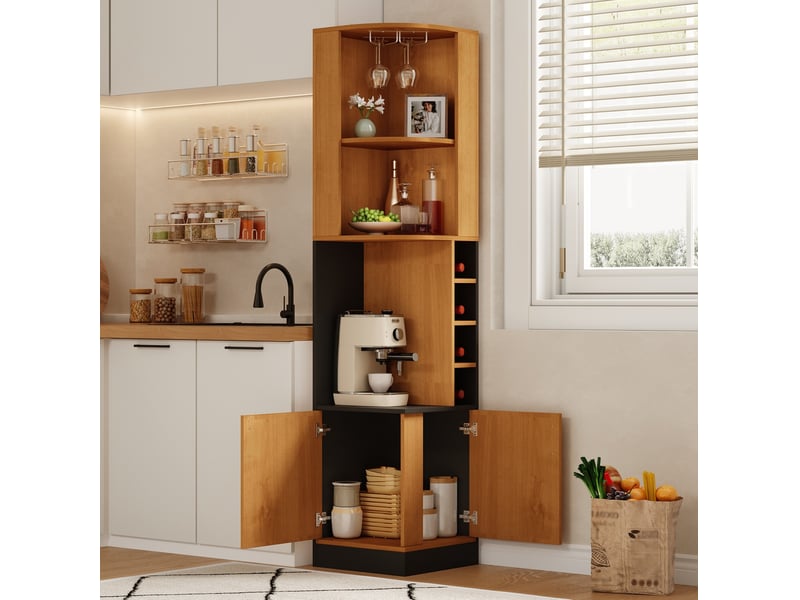  Meuble bar d’angle 40x40x182 cm avec porte-verres, coloris naturel  - Conforama D