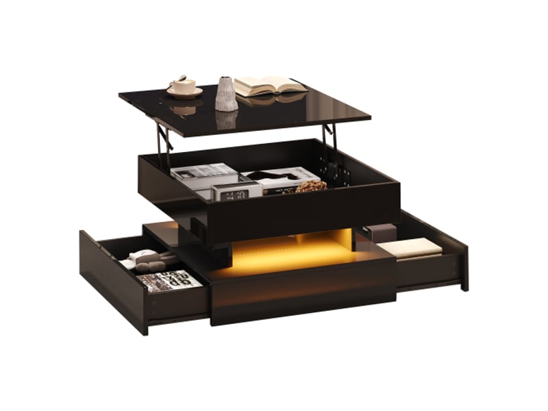  Table basse noire, table basse relevable, table basse laquée brillante avec bande lumineuse led, console avec 2 tiroirs  - Conforama E