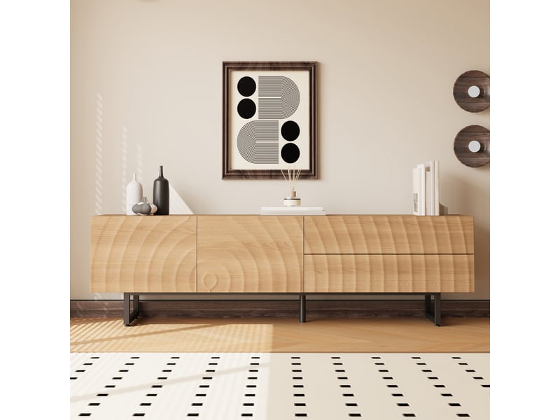 Meuble tv 180 cm bois naturel scandinave avec texture 3d et pieds métal - Conforama E