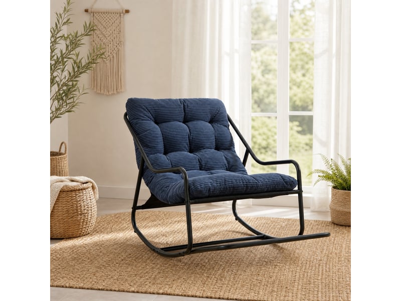  Fauteuil à bascule extérieur en acier noir avec coussin bleu marine  - Conforama B