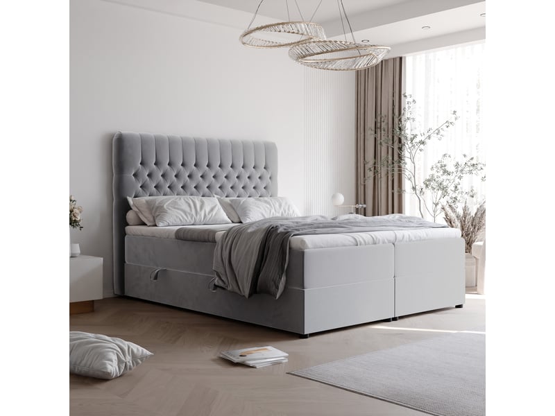  Lit adulte alba - 180x200 cm - matelas ressorts + surmatelas - coffre de rangement - velours dense hydrofuge gris clair ALBA - Conforama B
