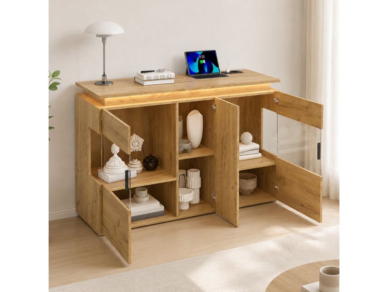 Buffet tcqpz 120 x 40 x 79,5 cm led 16 couleurs prises usb usb-c chêne clair  - Conforama E