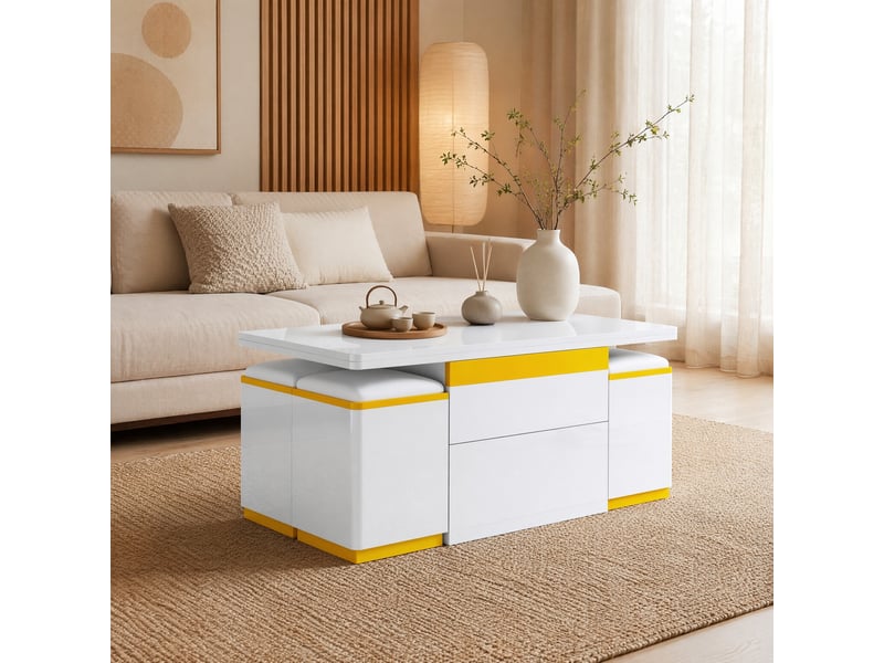 Table basse relevable et extensible 100 x 50 cm avec 4 tabourets, blanc et jaune - Conforama B