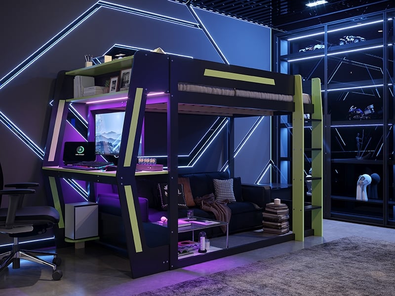  Lit mezzanine gaming 120x200cm, avec bureau, support pc, rangements, led, espace modulable, noir et vert  - Conforama B