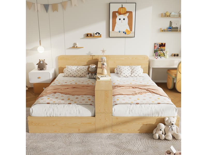 Lit enfant en bois 2*90x200cm - cloison centrale et compartiment de rangement - bois massif + mdf - naturel (sans matelas) - Conforama B