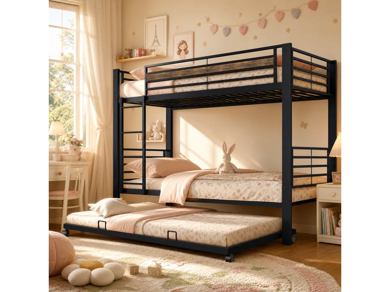  Lit superposé 90x200 avec lit gigogne métal noir et vintage 3 couchages garde-corps et échelle rangement compact Sol Morn - Conforama E