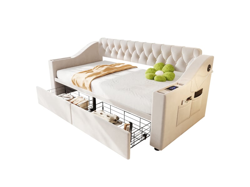  Lit enfant 90x190 cm tiroirs accoudoirs larges poches latérales ports usb revêtement velours beige sans matelas  - Conforama A