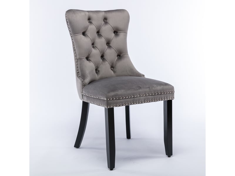  Lot de 2 chaises de salle à manger en velours gris, dossier haut capitonné, clous décoratifs, pieds en bois massif, style français élégant  - Conforama A