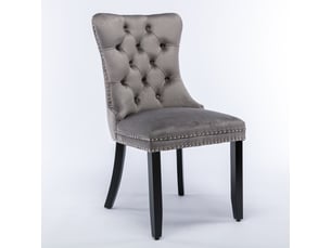 Lot de 2 chaises de salle à manger en velours gris, dossier haut capitonné, clous décoratifs, pieds en bois massif, style français élégant