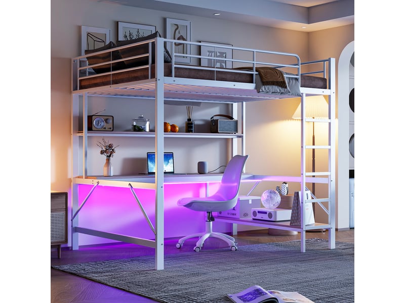  Lit enfant 140x200cm, lit mezzanine avec bureau, led, garde-corps, échelle, port usb, étagère, métal, blanc, sans matelas  - Conforama W