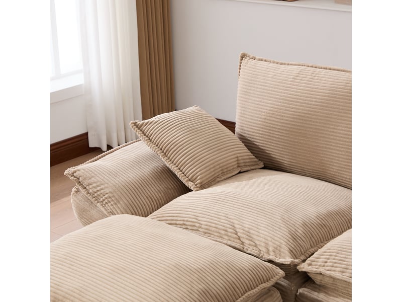  Canapé d'angle 3 places en velours côtelé kaki avec pouf et coffre intégré pour salon ou bureau  - Conforama R