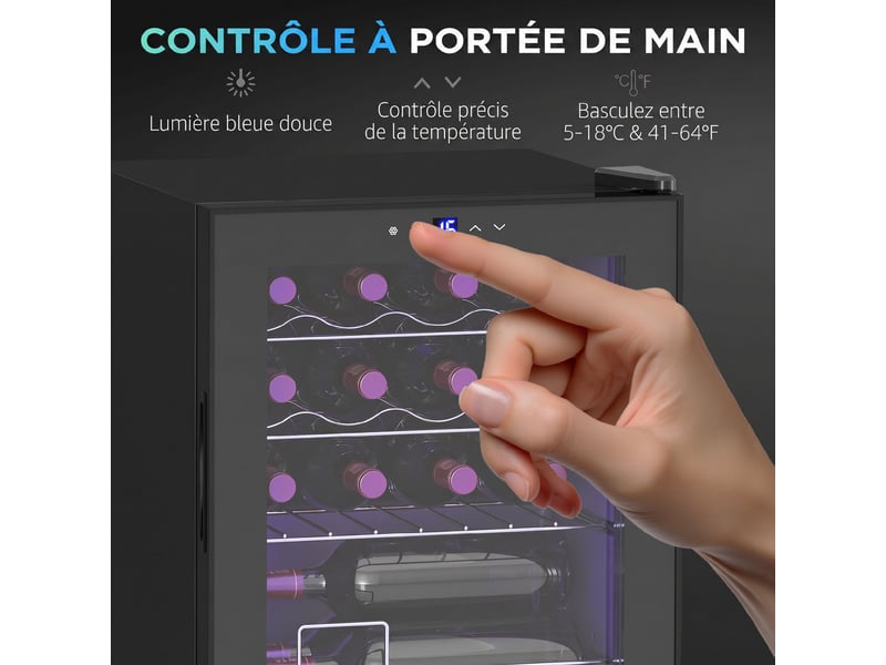 Cave à vin 16 bouteilles 42l, réfrigérateur à vin et boissons avec température réglable 5-18°c, noir, porte en verre - Conforama W