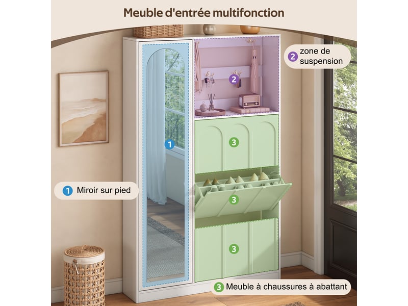  Meuble à chaussures 100x24x164 cm, 3 abattants à chaussures et miroir intégrée, rangement chaussures, mdf, blanc Morn Vibe - Conforama E