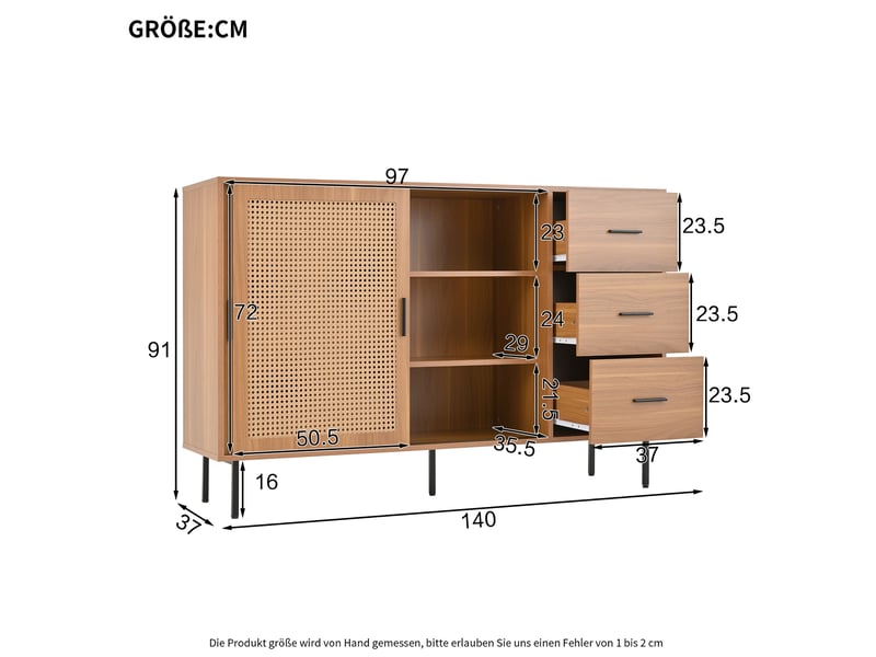 Buffet 140x37x91 cm avec 2 portes rotin 3 tiroirs tablettes réglables structure solide panneau de particules naturel - Conforama C