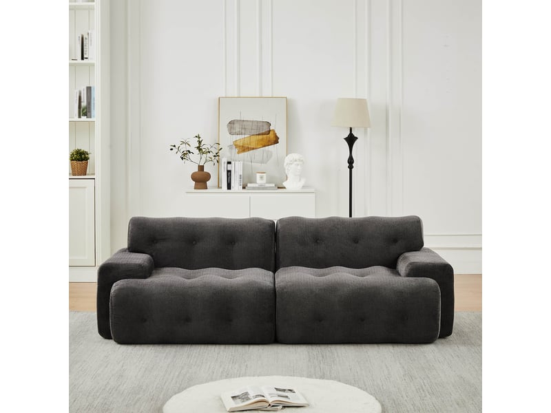 Canapé effet nuage modulable 2 places 224x104x66 cm, assise profonde 68 cm, larges accoudoirs, sans montage, base antidérapante, chenille gris - Conforama C