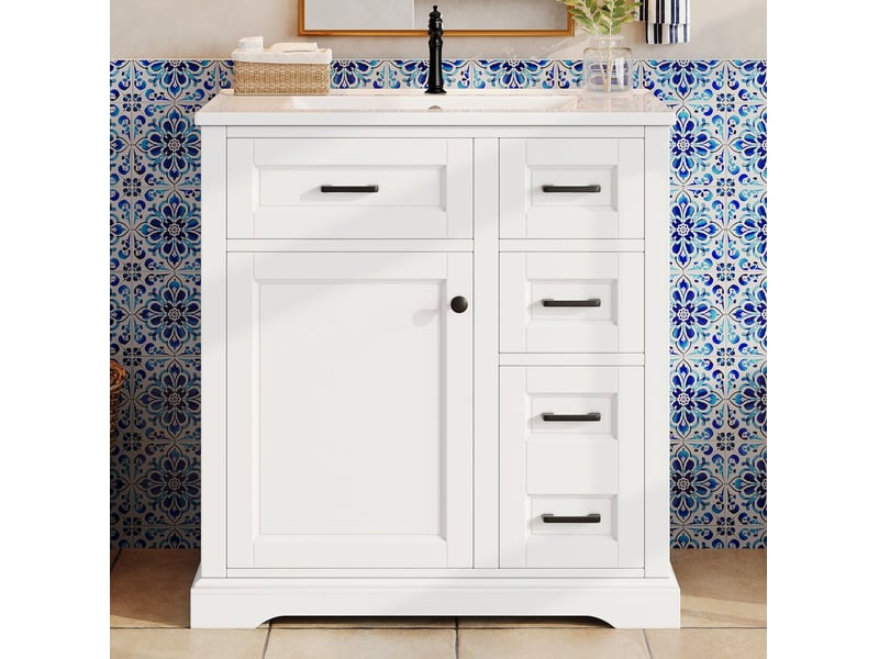Meuble sous vasque avec 1 porte, 4 tiroirs, lavabo en céramique, fermeture douce, pour salle de bains, 76 × 47 × 82 cm - Conforama B