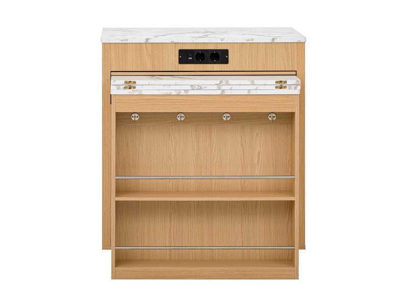  Îlot de cuisine extensible avec roulettes, éclairage led et prises usb type-c, naturel et blanc marbré  - Conforama E