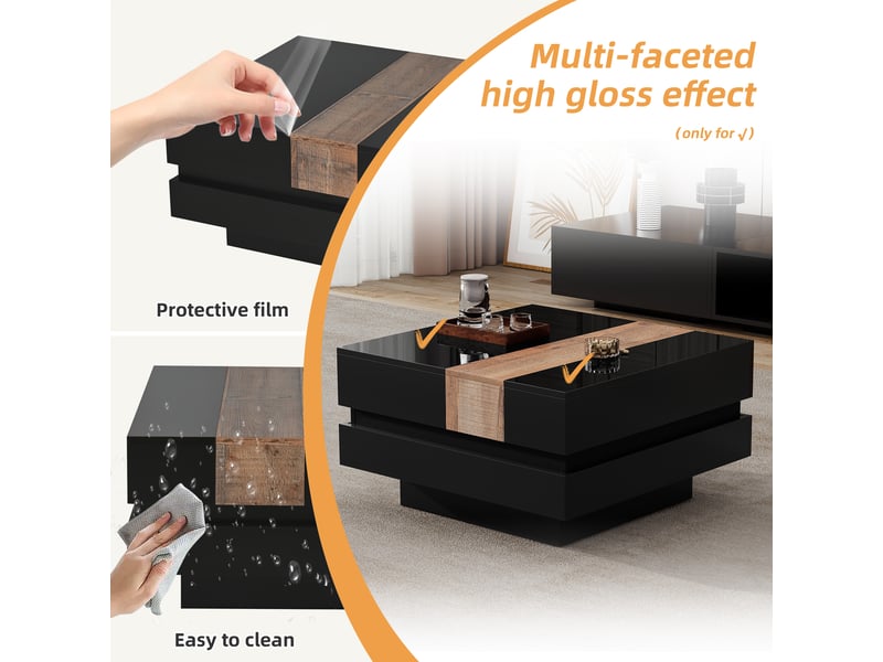  Table basse extensible avec rangement caché pour salon 70×70×39 cm en panneaux de particules noir  - Conforama C