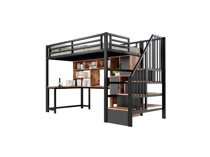  Lit mezzanine enfant compact 90 x 200 cm, échelle avec rangement, niche ouverte et éclairage led, sans matelas, structure en métal, noir evarich - Conforama A