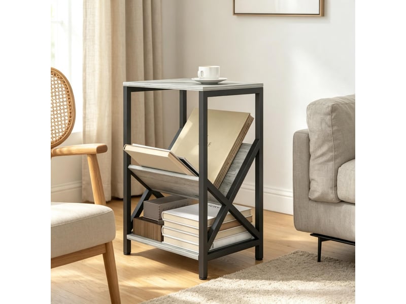  Console avec 1 niche et étagère en v pour livres, salon, en particules et acier, gris 40×30×61 cm  - Conforama B