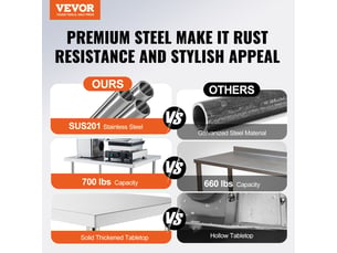 Vevor table travail acier inox 61x76.2x95.5 cm, sur roulettes, 3 hauteurs réglables, pour restaurant.