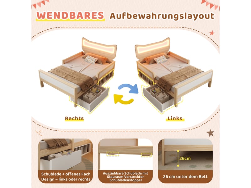 Lit enfant 90x190 avec tête de lit chat, éclairage led rgb, tiroir de rangement et sommier à lattes, blanc et chêne - Conforama E