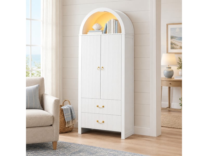 Buffet haut tcqpz blanc 76 x 38 x 180 cm led réglable par application 2 portes 2 tiroirs mdf et panneaux de particules - Conforama C