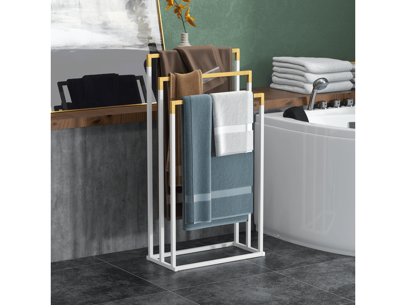  Porte-serviettes en bambou et acier sur pieds avec 3 barres support pour serviette 45x22,5x86cm blanc et naturel  - Conforama D
