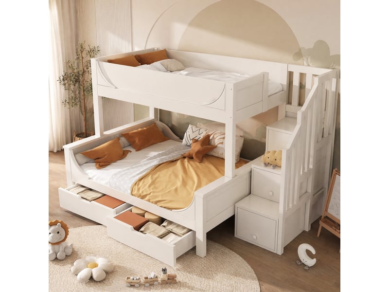  Lit enfant superposé, 253x148x150 cm, avec armoire d'escalier, tiroirs, matelas non inclus, bois et mdf, coloris blanc  - Conforama B
