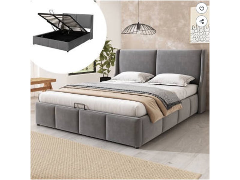  Lit 120x200cm avec sommier à lattes et tête de lit rembourrée, lit une place enfant avec mécanisme hydraulique,chenille beige  - Conforama A